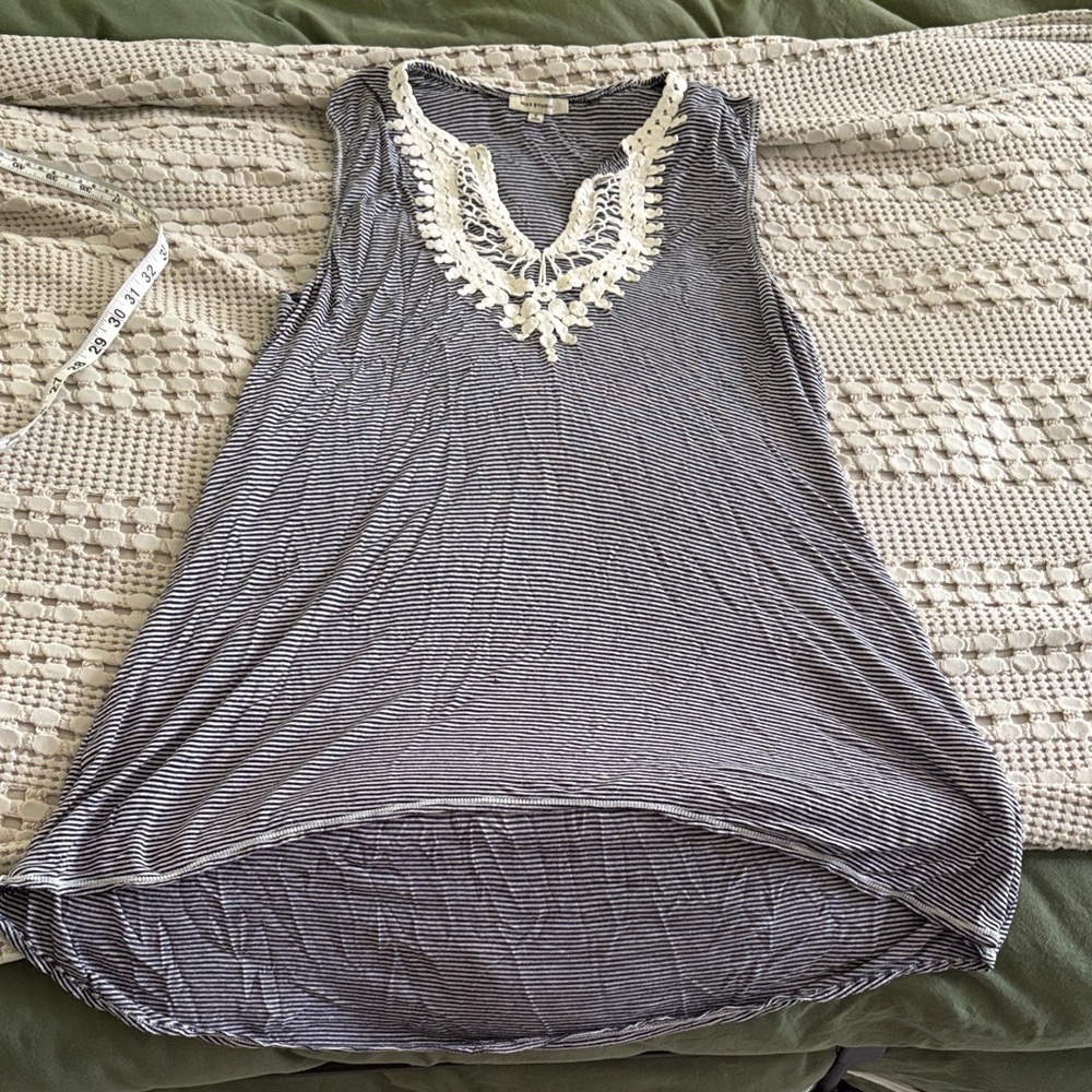 Max Studio Navy and Cream Striped Tunic with Lace Detail